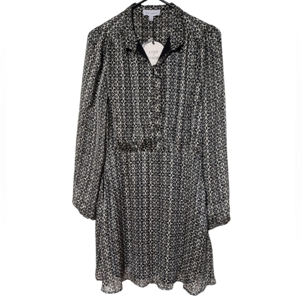 Lost+Wander Mira Black and Cream Button Front Bishop Puff Sleeve Blouson Dress M
